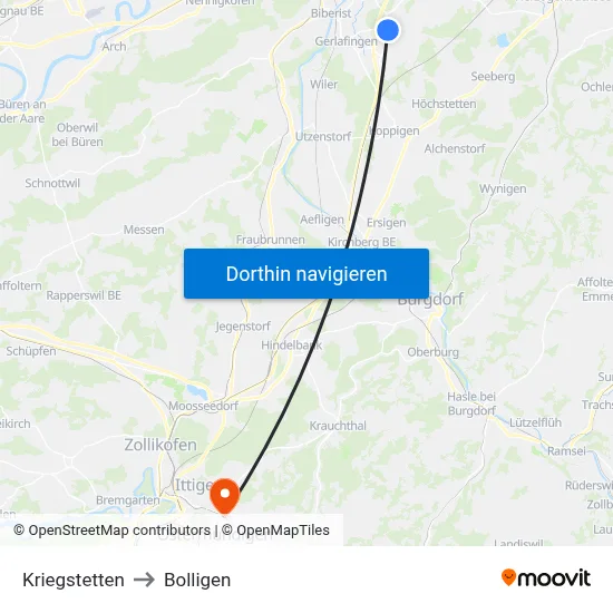 Kriegstetten to Bolligen map