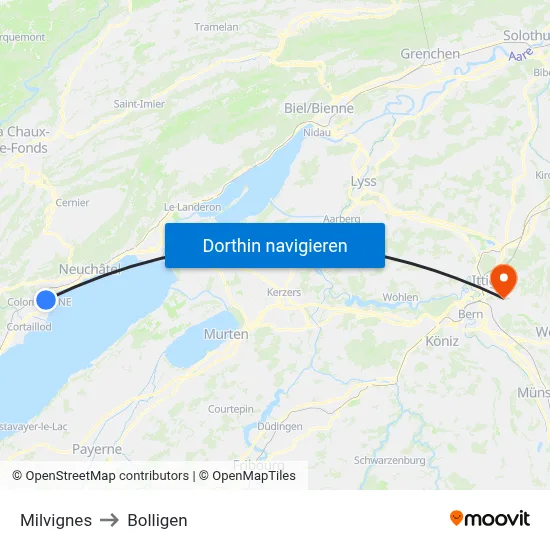 Milvignes to Bolligen map