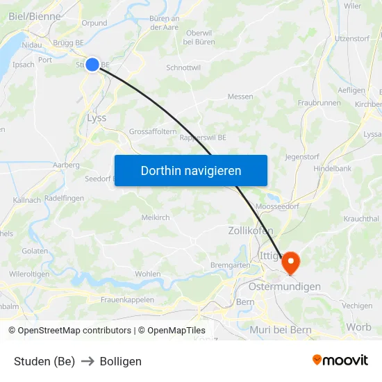 Studen (Be) to Bolligen map