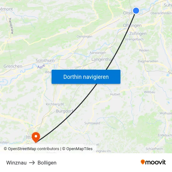 Winznau to Bolligen map