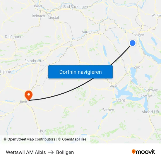 Wettswil AM Albis to Bolligen map