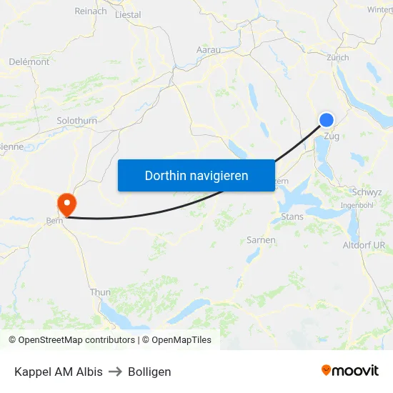 Kappel AM Albis to Bolligen map