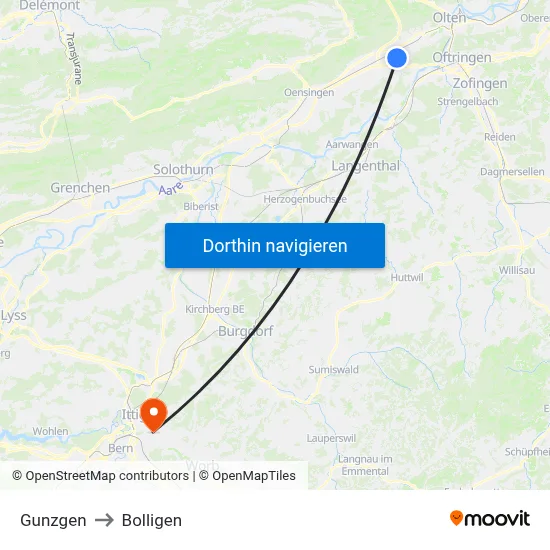 Gunzgen to Bolligen map