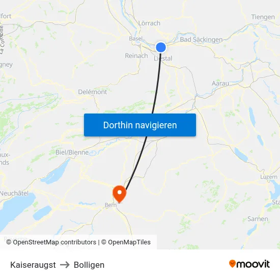 Kaiseraugst to Bolligen map