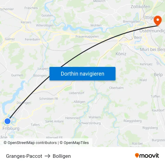 Granges-Paccot to Bolligen map