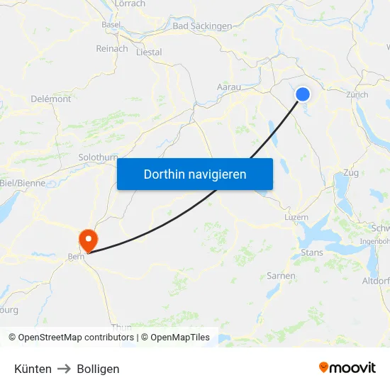 Künten to Bolligen map