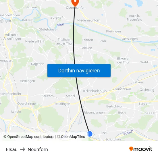 Elsau to Neunforn map