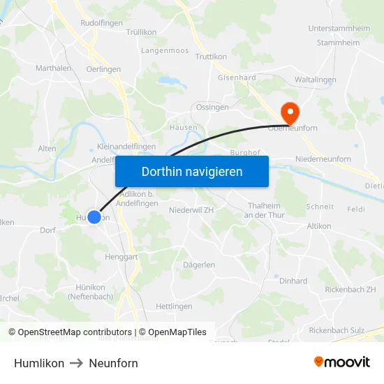 Humlikon to Neunforn map