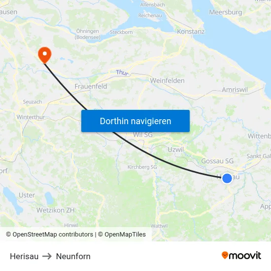 Herisau to Neunforn map