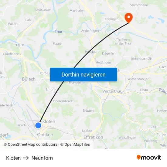Kloten to Neunforn map