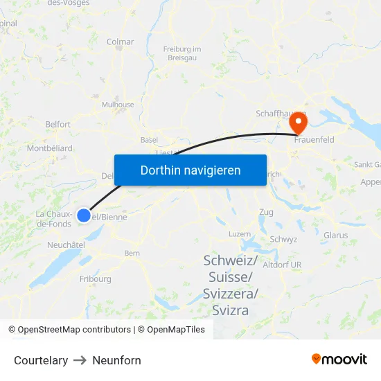 Courtelary to Neunforn map