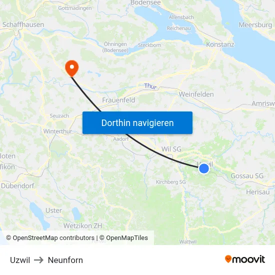 Uzwil to Neunforn map