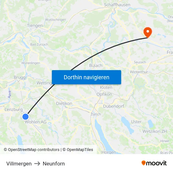Villmergen to Neunforn map