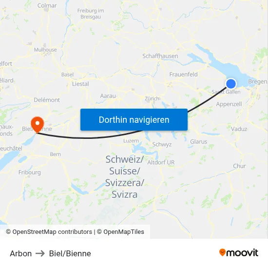 Arbon to Biel/Bienne map