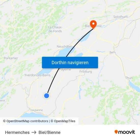 Hermenches to Biel/Bienne map