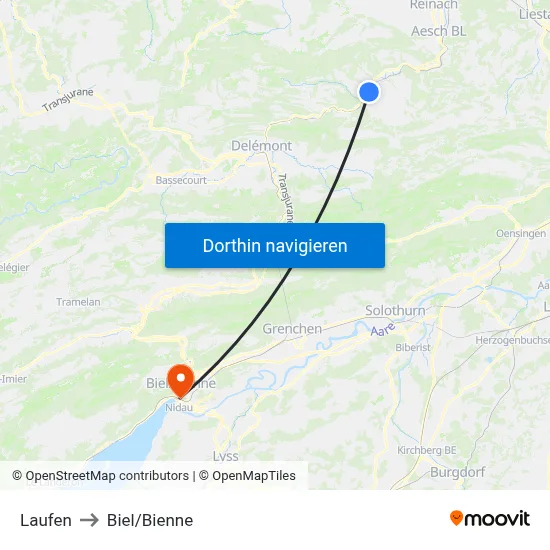 Laufen to Biel/Bienne map