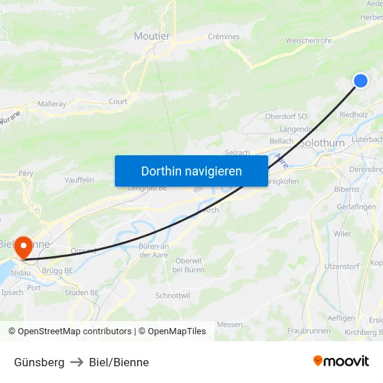 Günsberg to Biel/Bienne map