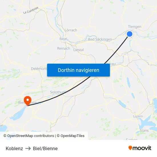 Koblenz to Biel/Bienne map