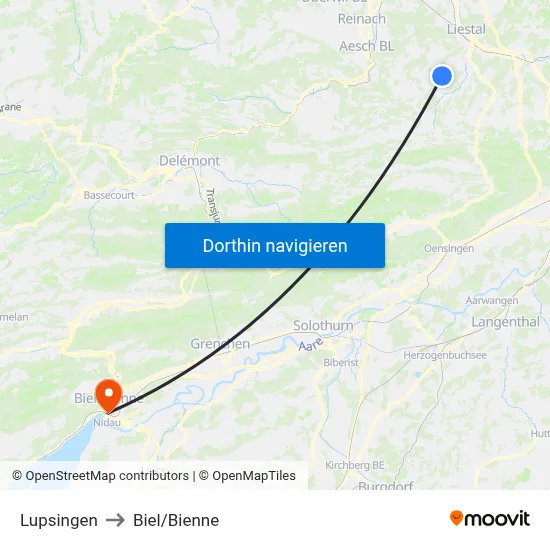 Lupsingen to Biel/Bienne map