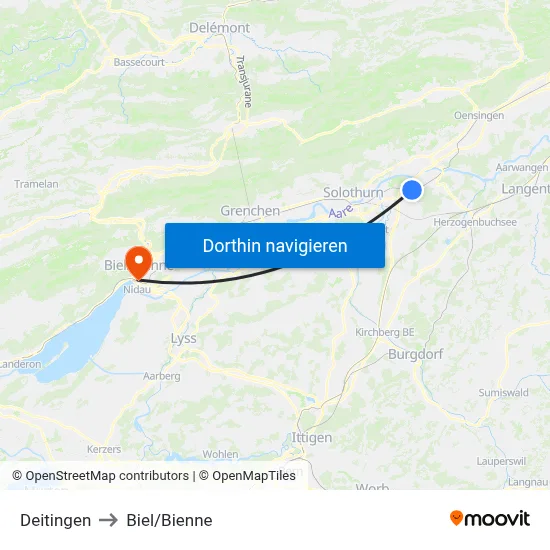 Deitingen to Biel/Bienne map