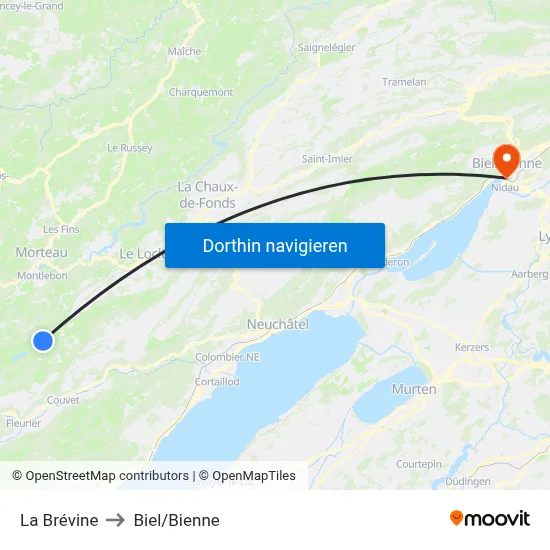 La Brévine to Biel/Bienne map