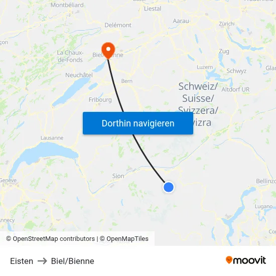 Eisten to Biel/Bienne map