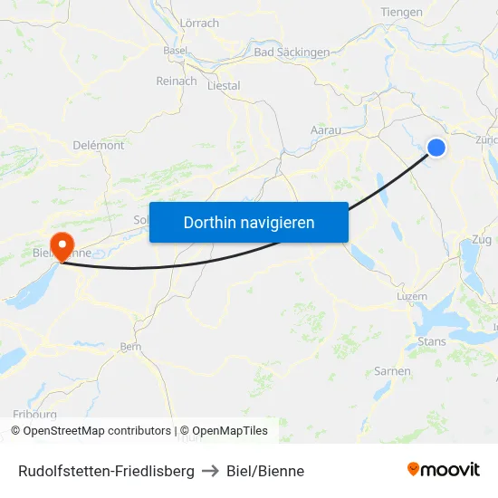 Rudolfstetten-Friedlisberg to Biel/Bienne map