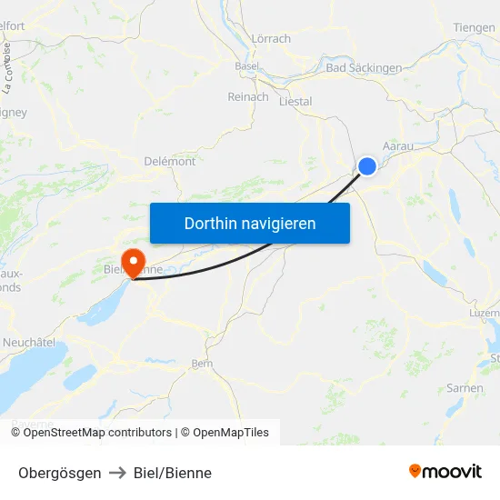 Obergösgen to Biel/Bienne map