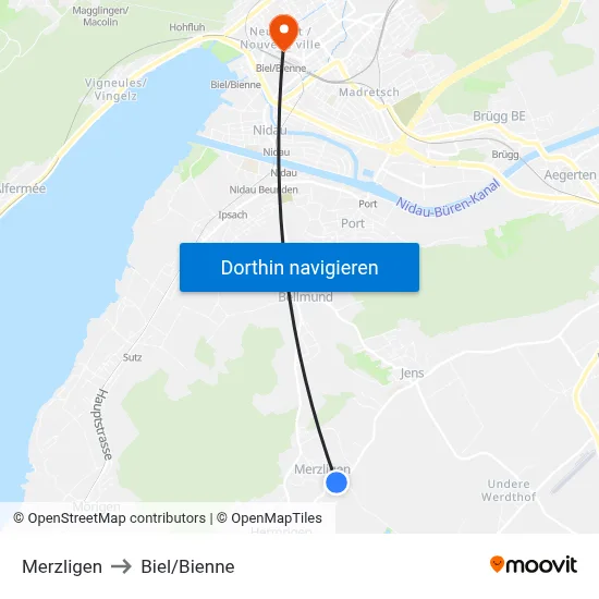 Merzligen to Biel/Bienne map