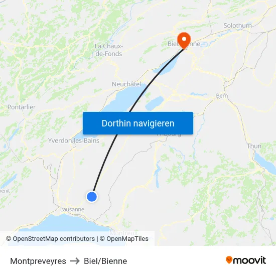Montpreveyres to Biel/Bienne map