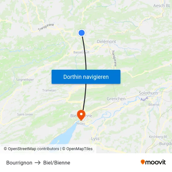 Bourrignon to Biel/Bienne map