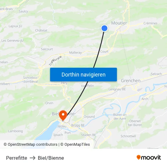 Perrefitte to Biel/Bienne map