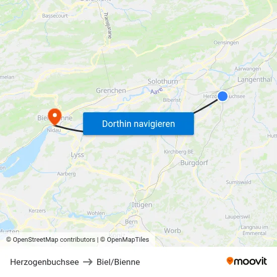 Herzogenbuchsee to Biel/Bienne map
