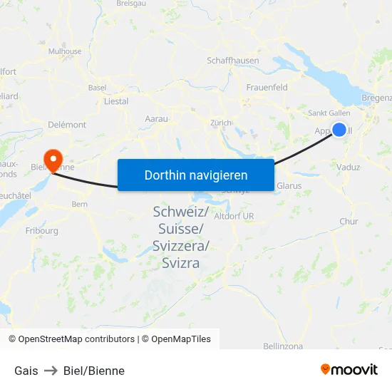 Gais to Biel/Bienne map