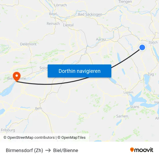 Birmensdorf (Zh) to Biel/Bienne map