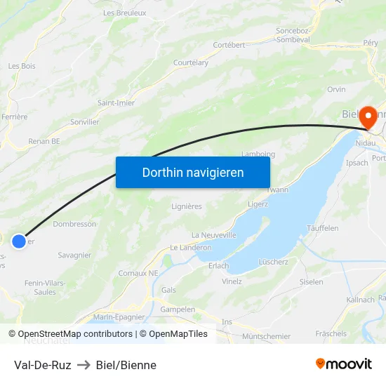Val-De-Ruz to Biel/Bienne map