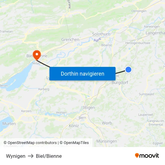 Wynigen to Biel/Bienne map