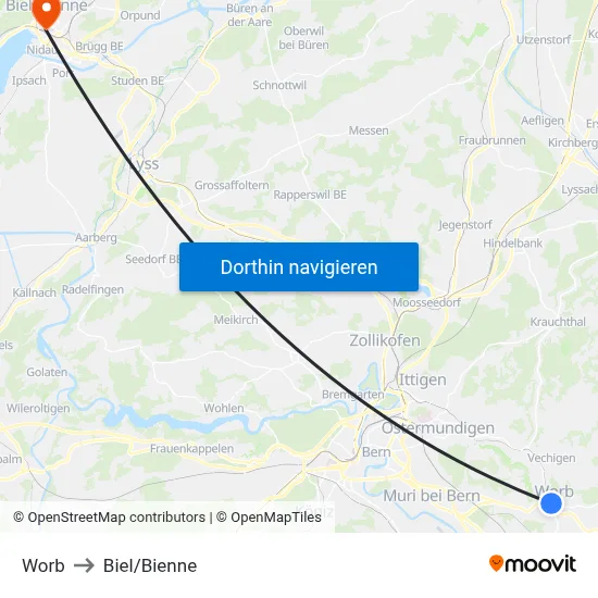Worb to Biel/Bienne map