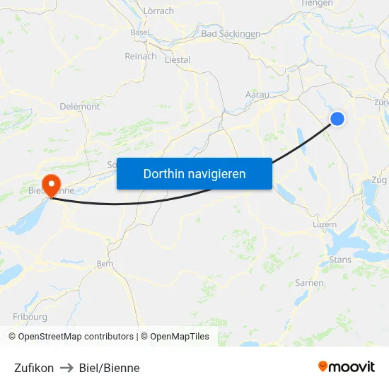 Zufikon to Biel/Bienne map