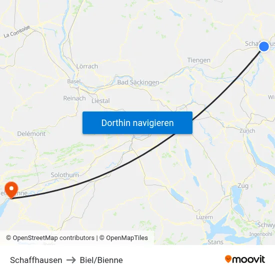 Schaffhausen to Biel/Bienne map