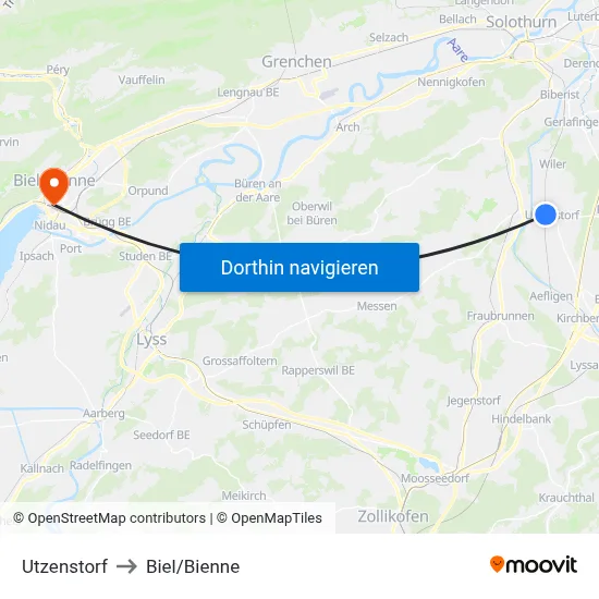 Utzenstorf to Biel/Bienne map