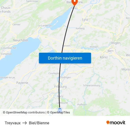 Treyvaux to Biel/Bienne map