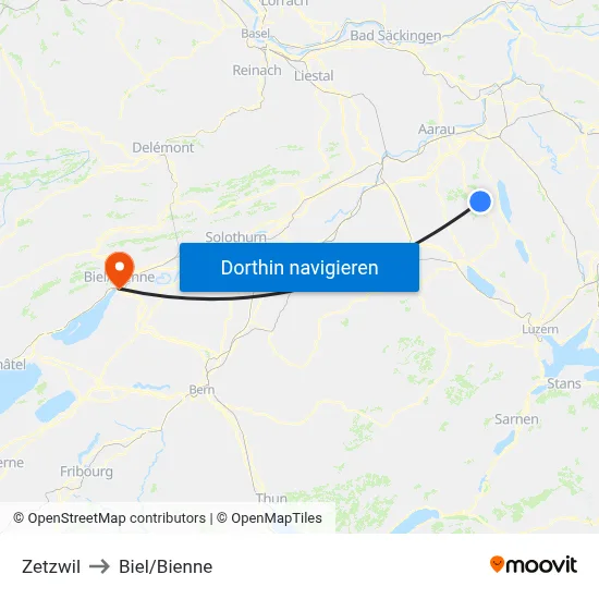 Zetzwil to Biel/Bienne map