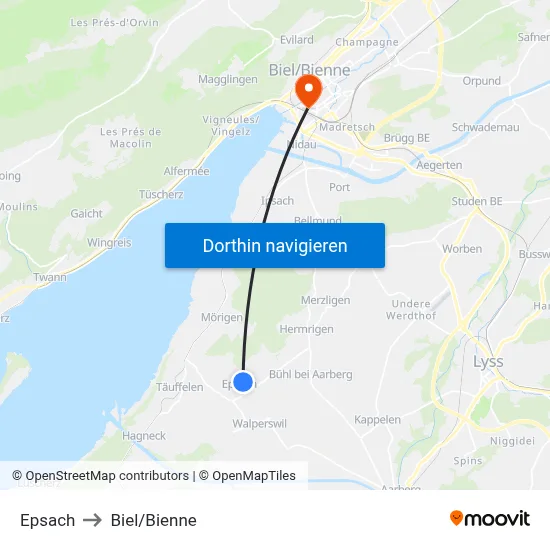 Epsach to Biel/Bienne map