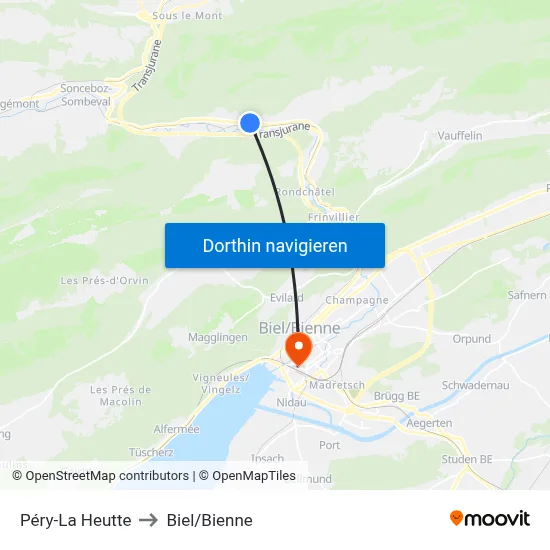 Péry-La Heutte to Biel/Bienne map