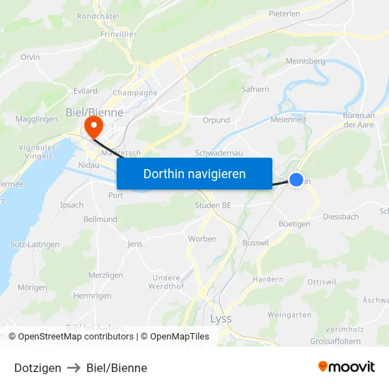 Dotzigen to Biel/Bienne map