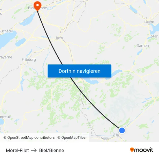 Mörel-Filet to Biel/Bienne map