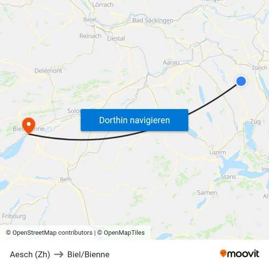Aesch (Zh) to Biel/Bienne map