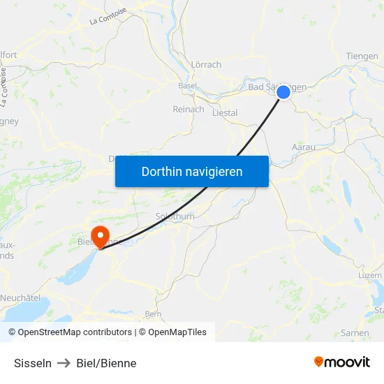Sisseln to Biel/Bienne map