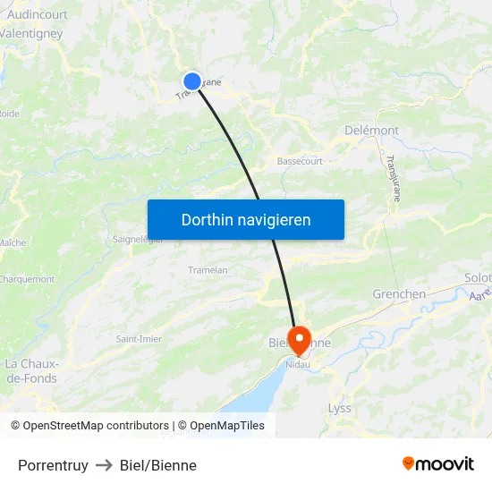 Porrentruy to Biel/Bienne map
